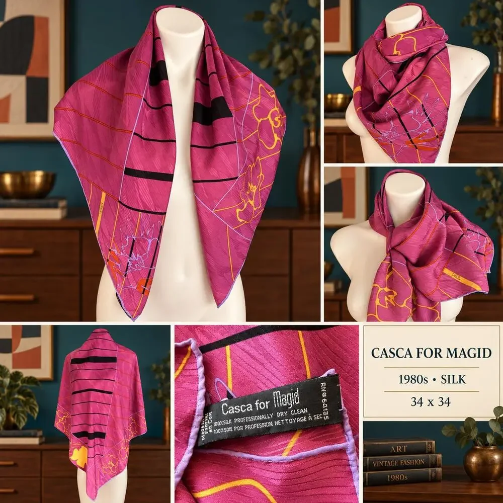 Vintage Casca for Magid 1980s Silk Scarf Abstract Floral Stripe 34x34